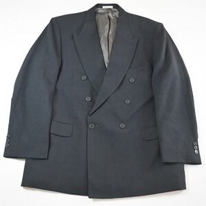 Vtg Mens Double Breasted 44R Dark Green Gray Wool Blazer Jacket Sport Coat